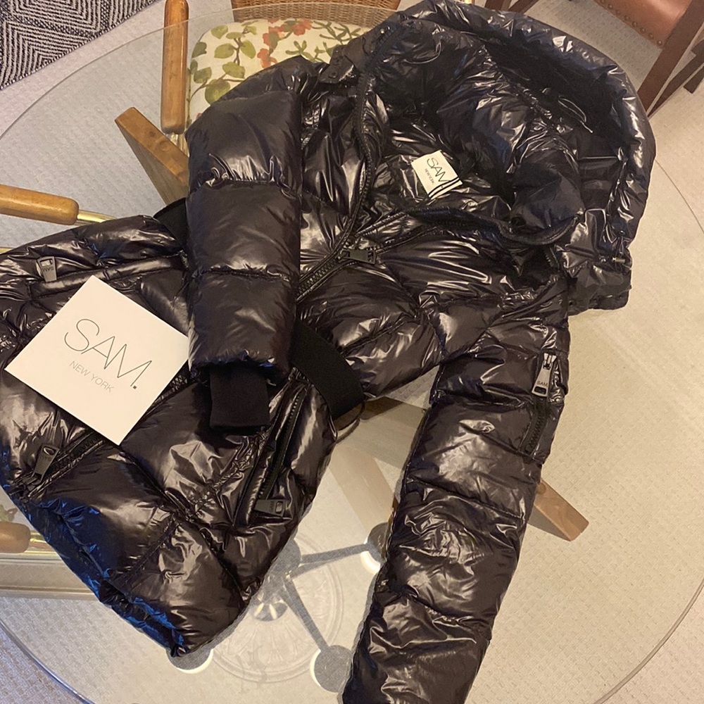 SAM. Black Glossy Puffer Ski Jacket with Hood